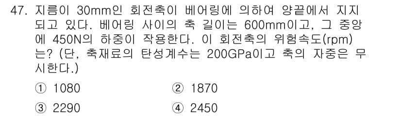 철도차량기사 2020년 46번 - 주어진 문제에서 회전축의 위험 속도를 구하기 위해 먼저 비틀림 응력을 고... 에 관한 핵심 기출문제