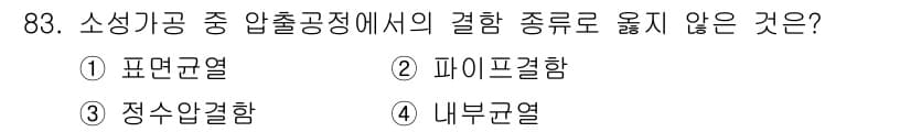 철도차량기사 2020년 82번 - 결함의 종류로서 '내부균열'은 소성가공의 압출 공정에서 발생하지 않는 결... 에 관한 핵심 기출문제