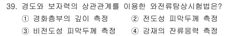 와전류비파괴검사기사(구) 2021년 39번 - 경도와 보자력의 상관관계를 이용한 외전류탐상시험은 재료의 경도를 측정하여... 에 관한 핵심 기출문제