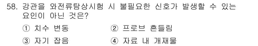 와전류비파괴검사기사(구) 2021년 58번 - 강관의 와전류탐상시험에서 불필요한 신호를 발생시키는 요인은 일반적으로 외... 에 관한 핵심 기출문제