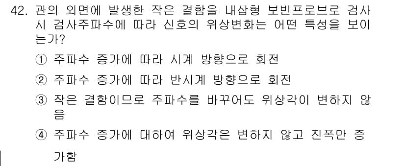 와전류비파괴검사기사 2021년 42번 - 신호의 위상 변화를 보빈 프로브로 검사할 때, 주파수가 증가하면 회전 방... 에 관한 핵심 기출문제
