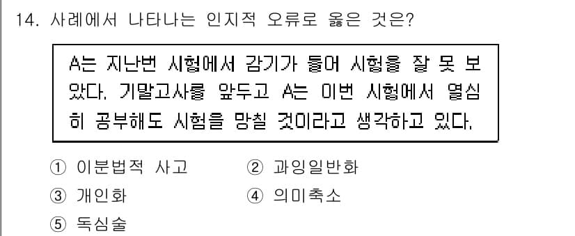 청소년상담사_2급(1교시)(구) 2020년 14번 - 정답 '2'인 과잉 일반화는 A가 지난 시험의 실패를 바탕으로 이번 시험... 에 관한 핵심 기출문제