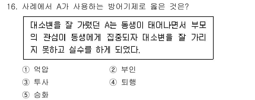 청소년상담사_2급(1교시)(구) 2020년 16번 - 주어진 사례에서 A는 동생의 태어나면서 부모의 관심이 동생에게 집중돼 자... 에 관한 핵심 기출문제