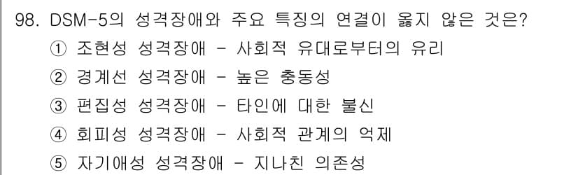 청소년상담사_2급(1교시)(구) 2020년 98번 - 자기애성 성격장애와 관련된 "지나친 의존성"은 일반적으로 해당 장애의 핵... 에 관한 핵심 기출문제