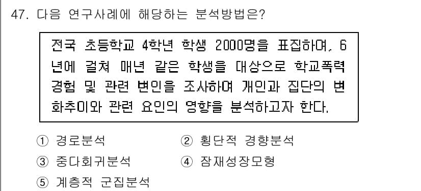 청소년상담사_2급(1교시) 2020년 47번 - 주어진 연구는 초등학교 4학년 학생 2000명을 대상으로 학교폭력 경험과... 에 관한 핵심 기출문제