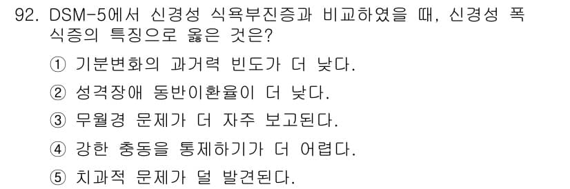 청소년상담사_2급(1교시) 2020년 92번 - 신경성 폭식증은 강한 충동을 통제하기가 어려운 특성이 있습니다. 이는 신... 에 관한 핵심 기출문제