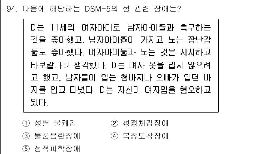 청소년상담사_2급(1교시) 2020년 94번 - 문제에서 설명된 D는 남자아이들과의 활동을 선호하고 자신의 성별 정체성을... 에 관한 핵심 기출문제
