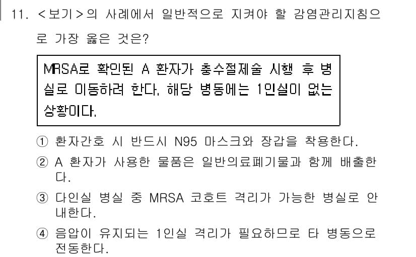 9급_지방직_공무원_서울시_간호관리(8급) 2021년 11번 - 해당 문제에서 주어진 상황은 MRSA 감염 환자가 수술 후 다른 병실로 ... 에 관한 핵심 기출문제