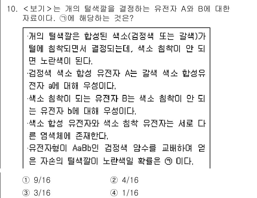 9급_지방직_공무원_서울시_생물 2021년 10번 - 이 문제에서 주어진 유전자형 A와 B는 각각 갈색 색소 함성 유전자와 색... 에 관한 핵심 기출문제
