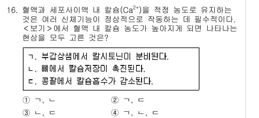 9급_지방직_공무원_서울시_생물 2021년 16번 - 혈액 내 칼슘 농도가 높아지면 부갑상선에서 칼시토닌의 분비가 증가하며, ... 에 관한 핵심 기출문제