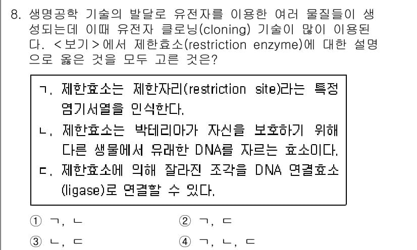 9급_지방직_공무원_서울시_생물 2021년 8번 - 제한효소는 특정 염기서열을 인식하고 그 자리에서 DNA를 절단하는 효소입... 에 관한 핵심 기출문제