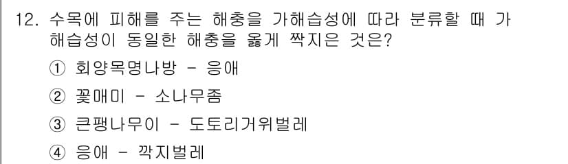 9급_지방직_공무원_서울시_조경계획및생태관리 2021년 12번 - 정답 '4'인 이유는 '응애'가 해충 중에서 수목에 피해를 주는 주요 해... 에 관한 핵심 기출문제
