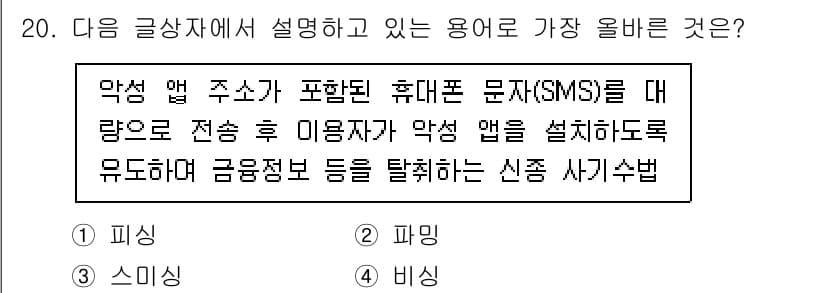 전자상거래운용사 2021년 20번 - 주어진 내용은 악성 앱을 설치하도록 유도해 금융 정보를 탈취하는 수법을 ... 에 관한 핵심 기출문제