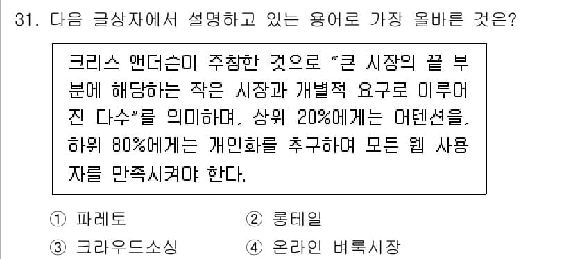전자상거래운용사 2021년 31번 - 해당 글에서 설명하는 내용은 '80-20 법칙(파레토 법칙)'에 관한 것... 에 관한 핵심 기출문제