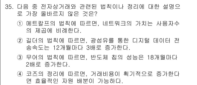 전자상거래운용사 2021년 35번 - 정답은 '4'입니다. 코즈의 정리에 따르면 거래비용은 효율적인 자원 배분... 에 관한 핵심 기출문제