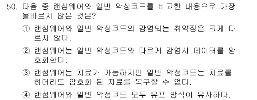 전자상거래운용사 2021년 50번 - 정답이 '3'인 이유는 일반 악성코드는 치료를 하더라도 암호화된 데이터를... 에 관한 핵심 기출문제