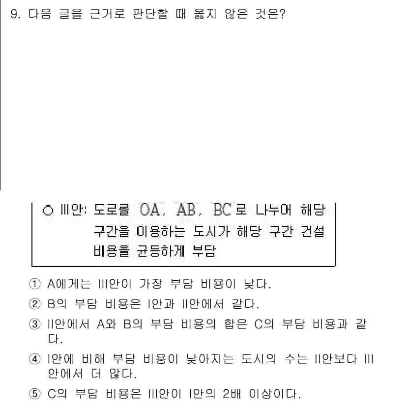 PSAT_상황판단 2021년 9번 - 주어진 문장에서 A, B, C의 부담 비용 관계를 분석해 보면, 1번 선... 에 관한 핵심 기출문제