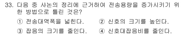 정보통신기능사 2020년 33번 - 전송용량을 증가시키기 위해서는 신호 대 잡음 비율(SNR)을 높여야 합니... 에 관한 핵심 기출문제
