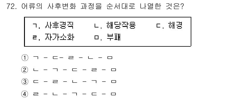 수산물품질관리사_1차 2015년 72번 - 어류의 사후변화 과정에서 '부패'는 가장 마지막 단계에 해당하며, 그 이... 에 관한 핵심 기출문제