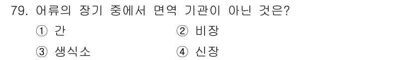수산물품질관리사_1차 2016년 79번 - 어류의 장기 중에서 면역 기관이 아닌 것은 '생식소'입니다. 어류의 면역... 에 관한 핵심 기출문제