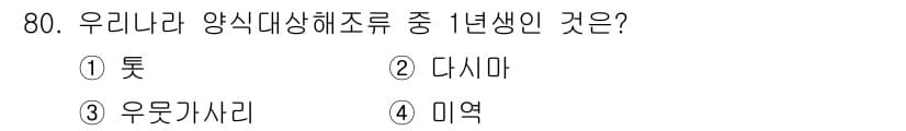 수산물품질관리사_1차 2016년 80번 - 미역은 양식 대상 해조류 중에서 1년생으로 분류됩니다. 다른 선택지인 톳... 에 관한 핵심 기출문제
