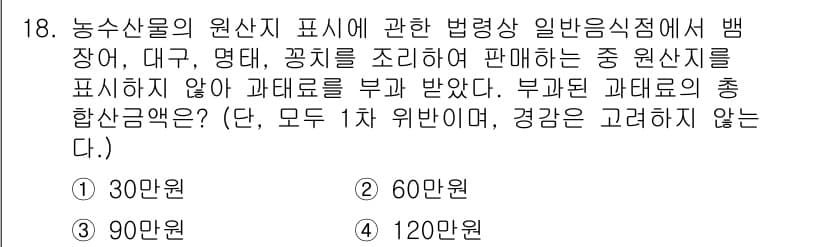 수산물품질관리사_1차 2018년 18번 - 농수산물의 원산지 표시 위반 시 부과되는 과태료는 첫 번째 위반에 대해 ... 에 관한 핵심 기출문제