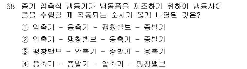 수산물품질관리사_1차 2020년 68번 - 정답 '1'인 이유는 증기 압축식 냉동기의 작동 순서가 압축기, 응축기,... 에 관한 핵심 기출문제