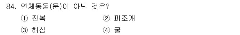 수산물품질관리사_1차 2020년 84번 - 연체동물은 연한 몸체를 가지고 있으며 껍질이 있는 생물입니다. 옵션 중 ... 에 관한 핵심 기출문제