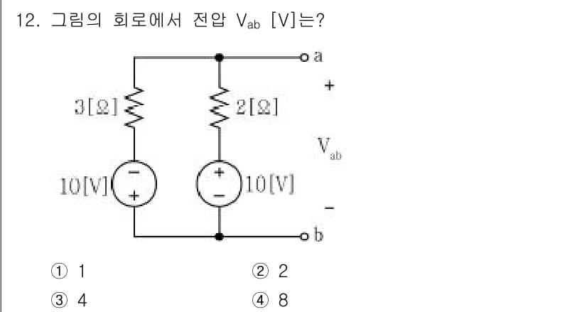 9급_지방직_공무원_전기이론 2021년 12번 - 회로에서 전압 \( V_{ab} \)는 두 개의 전압원과 저항으로 구성된... 에 관한 핵심 기출문제