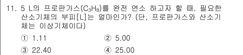 9급_지방직_공무원_환경공학개론 2021년 11번 - 5L의 프로판가스(C₃H₈)를 완전 연소할 때의 화학 반응식에 따르면, ... 에 관한 핵심 기출문제