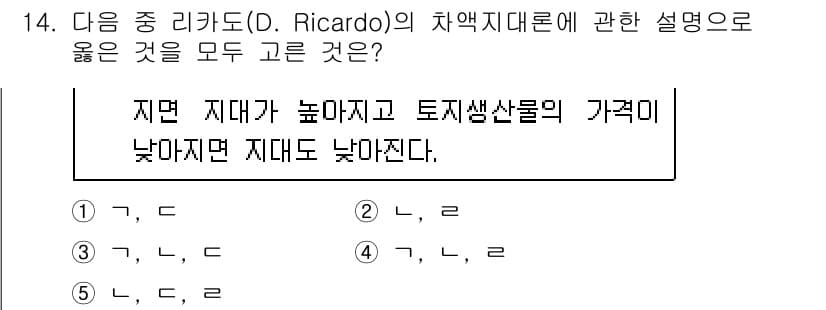 공인중개사_1차 2020년 14번 - 리카도(D. Ricardo)의 차액지대 이론에 따르면, 지대는 토지의 생... 에 관한 핵심 기출문제