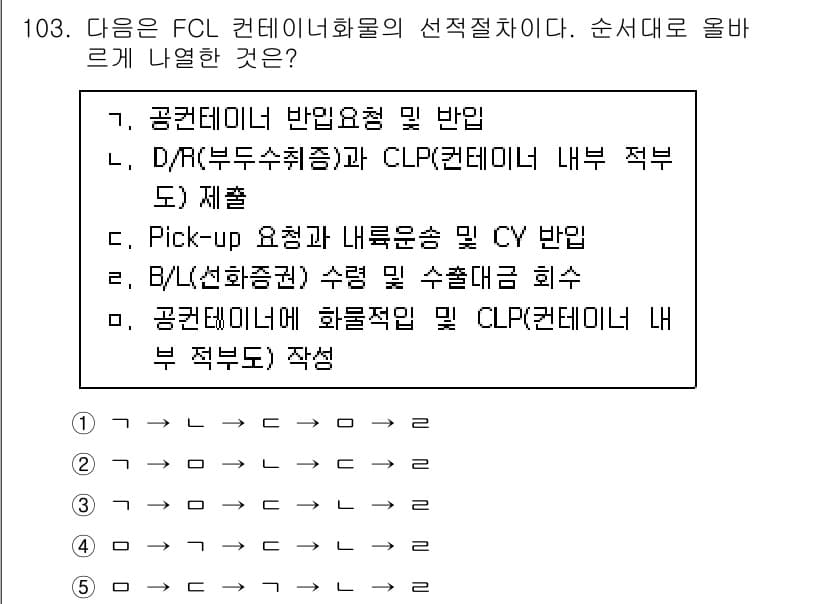 물류관리사_1교시 2021년 103번 - FCL(Fully Container Load) 컨테이너화물의 선택 절차는... 에 관한 핵심 기출문제