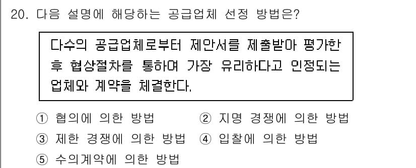 물류관리사_1교시 2021년 20번 - 정답인 이유: 협의에 의한 방법은 공급업체와의 협상 및 계약 체결 과정에... 에 관한 핵심 기출문제