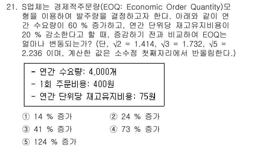 물류관리사_2교시 2021년 21번 - EOQ(경제적주문량)는 주문비용과 재고유지비용의 균형을 맞추어 최적의 주... 에 관한 핵심 기출문제