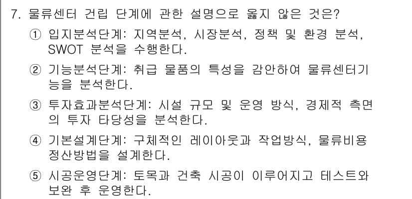 물류관리사_2교시 2021년 7번 - 4번은 기본적인 레이아웃과 작업방식, 물류비용 정산방법을 설명하는 내용으... 에 관한 핵심 기출문제