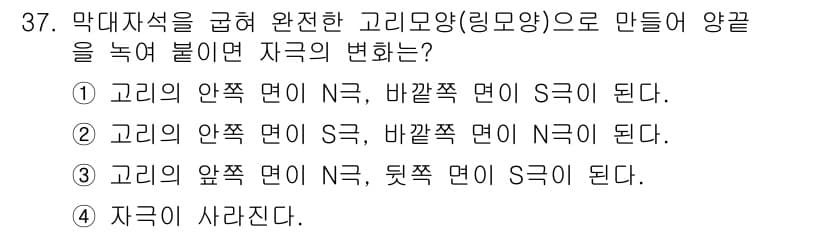 자기비파괴검사기사(구) 2021년 37번 - 정답 4번은 자극이 사라지는 상황에 대한 설명입니다. 고리의 면이 완전히... 에 관한 핵심 기출문제