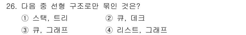 정보처리기사_필기 2021년 26번 - 정답은 2번 "큐, 데크"입니다. 큐(Queue)와 데크(Deque)는 ... 에 관한 핵심 기출문제