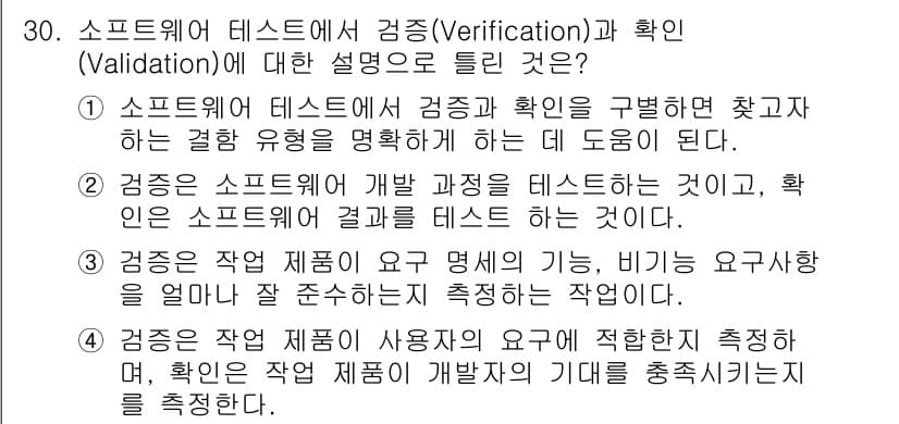 정보처리기사_필기 2021년 30번 - 소프트웨어 테스트에서 검증(Verification)은 소프트웨어가 요구 ... 에 관한 핵심 기출문제