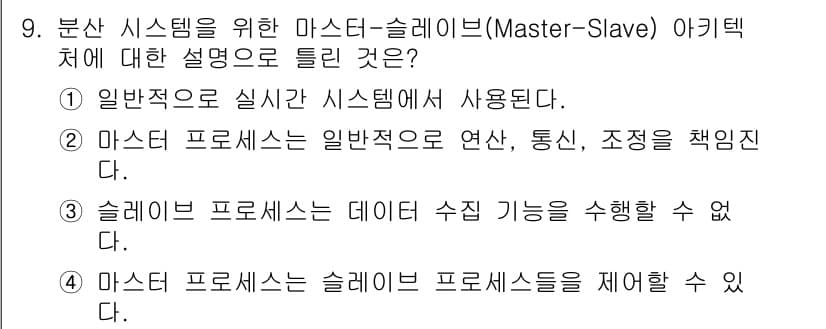 정보처리기사_필기 2021년 9번 - . 슬레이브 프로세스는 데이터 수정 기능을 수행할 수 없다.

해설: 마... 에 관한 핵심 기출문제