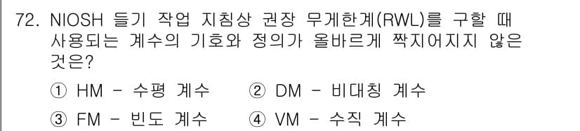 인간공학기사 2021년 72번 - RWL을 구할 때 NIOSH에서는 물체의 무게를 고려하지만 비대칭 자세에... 에 관한 핵심 기출문제