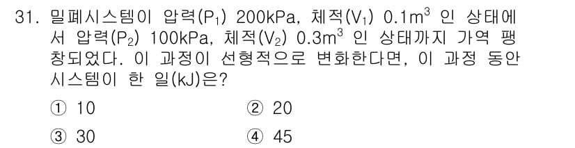 건설기계설비기사 2021년 31번 - 주어진 문제는 밀폐 시스템의 에너지 변화를 다루고 있습니다. 압력 변화와... 에 관한 핵심 기출문제