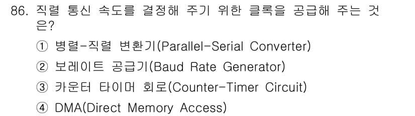 컴퓨터시스템기사(A형) 2021년 86번 - 정답은 ② 보레이트 공급기(Baud Rate Generator)입니다. ... 에 관한 핵심 기출문제