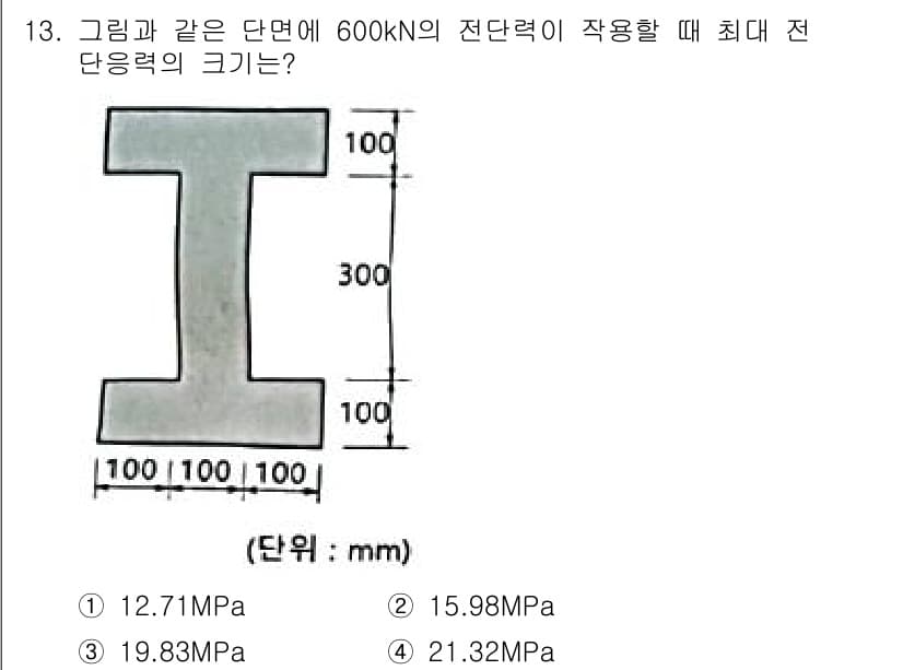 토목기사 2021년 13번 - 주어진 하중과 단면 형상을 고려하면, 전단 응력은 \(\tau = \fr... 에 관한 핵심 기출문제