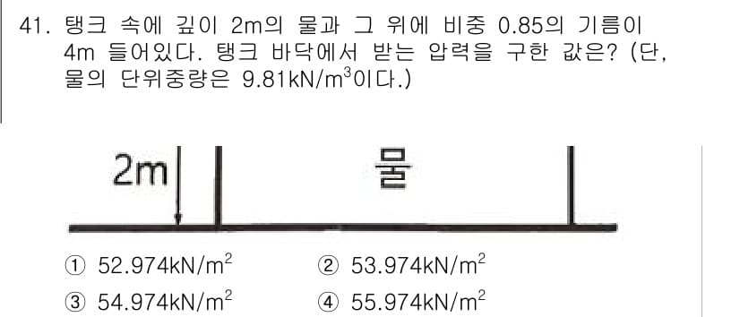 토목기사 2021년 41번 - 이 문제는 물체의 깊이에 따른 압력을 계산하는 것으로, 수식은 \( P ... 에 관한 핵심 기출문제