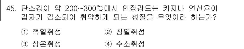 가스기사 2021년 45번 - 정답은 2. 청열취성입니다. 이 온도 범위에서 재료는 연신율이 감소하고,... 에 관한 핵심 기출문제