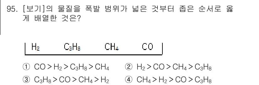 산업안전기사 2021년 95번 - 해설: 선택지에서 제시된 물질의 폭발 범위에 따라, CO가 H2와 CH4... 에 관한 핵심 기출문제