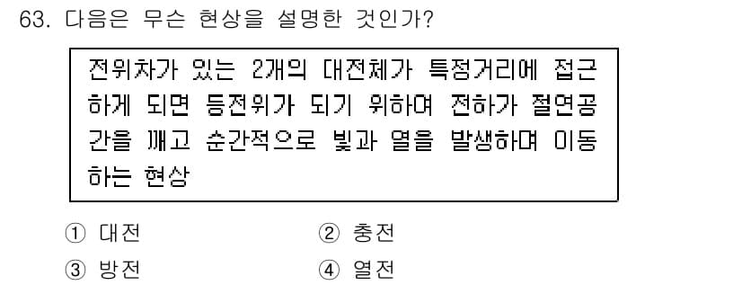 산업안전기사_필기 2021년 63번 - 이 현상은 전위차가 있는 두 개의 대전체 사이에서 발생하는 전기적 현상으... 에 관한 핵심 기출문제
