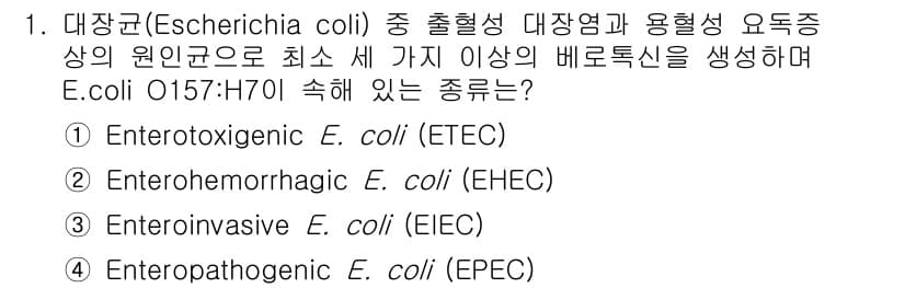 식육가공기사 2019년 1번 - 정답 2번 Enterohemorrhagic E. coli (EHEC)은 ... 에 관한 핵심 기출문제