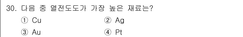 금속재료기사 2021년 30번 - . Ag (은)

은(Ag)은 상대적으로 높은 열전도성을 가지고 있어 금... 에 관한 핵심 기출문제