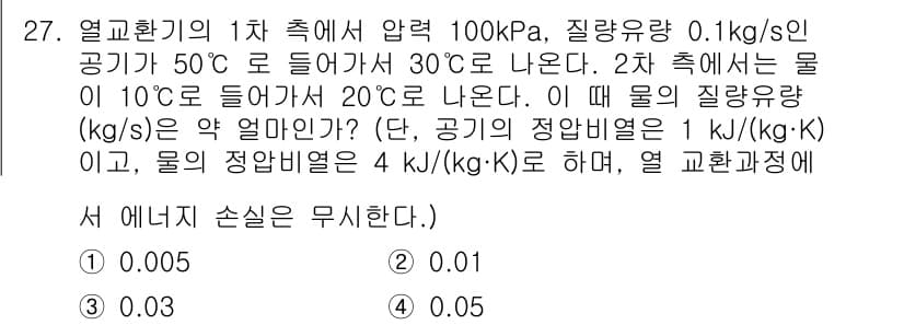 농업기계기사 2021년 27번 - 열교환기의 1차 측에서 압력 100kPa, 질량유량 0.1 kg/s인 공... 에 관한 핵심 기출문제